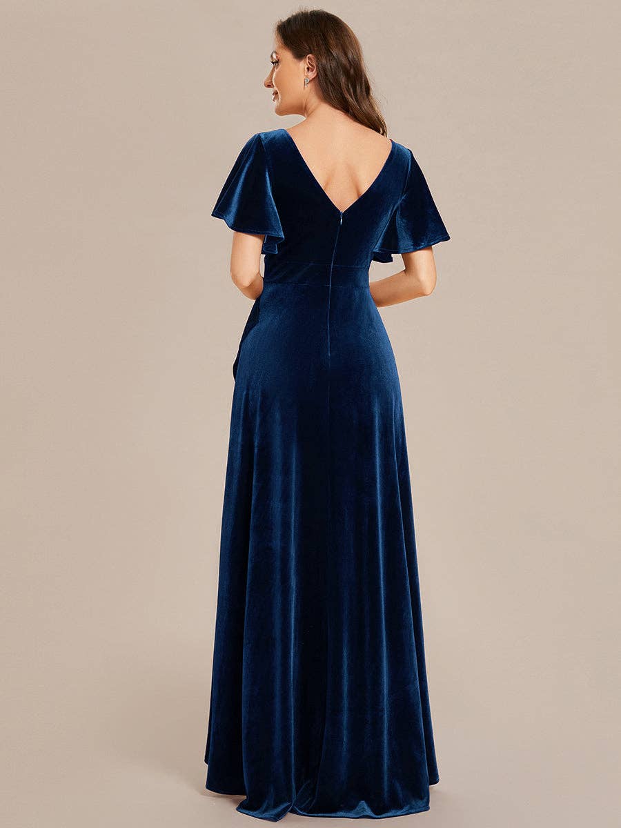 Ever-Pretty - High-low V Neck Evening Dress with Short Sleeves: Dark Purple