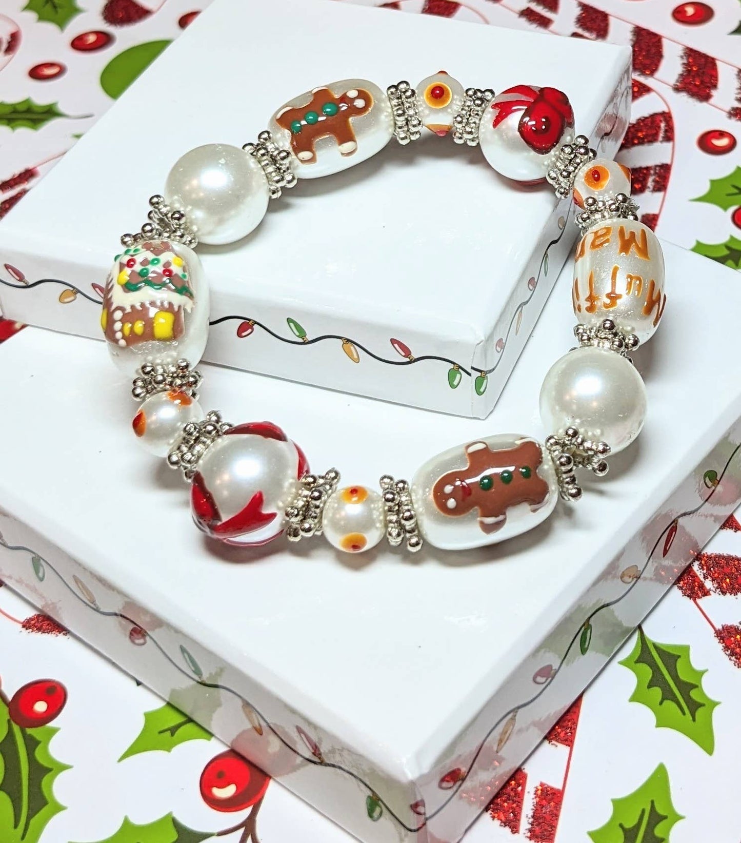 Fiona Accessories - Christmas Bracelet Painted Snowman Gift Tree Holiday Gifts: White Snowman
