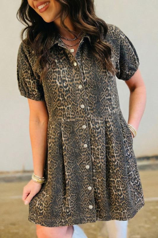 Gray Leopard Print Short Sleeve Pleated Denim Mini Dress