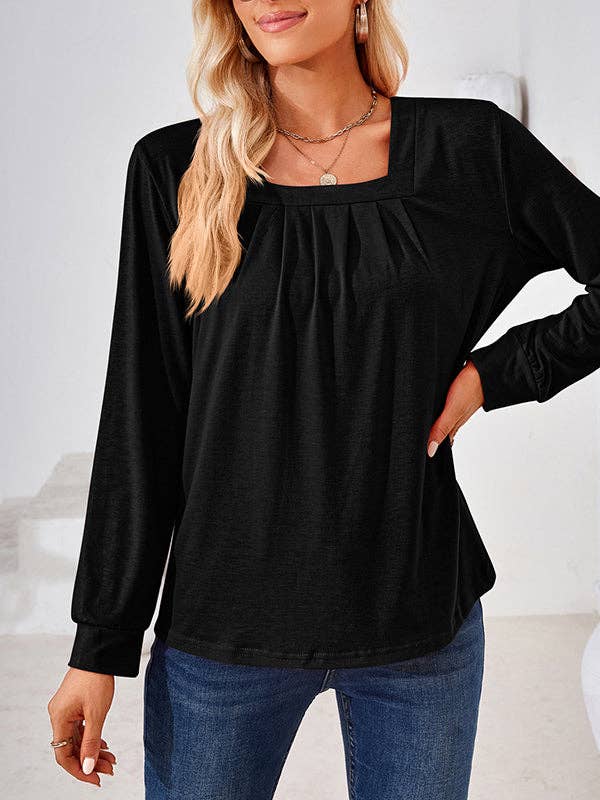 UZ Wholesale Store - Long Sleeves Loose Pleated Solid Color Square-Neck T-Shirts Tops: PINK / 2XL
