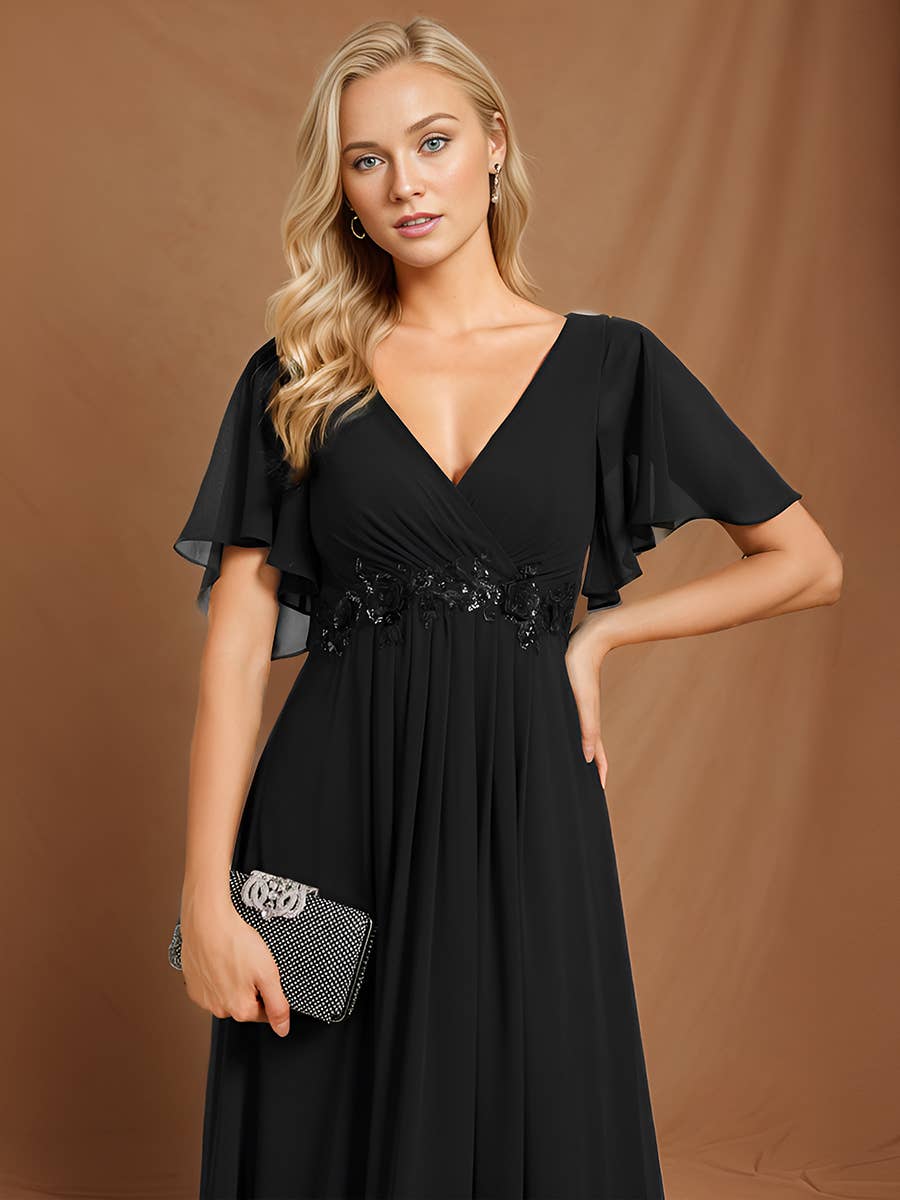 Ever-Pretty - V Neck Appliques Pleated Bridesmaid Dress: Burgundy / 12