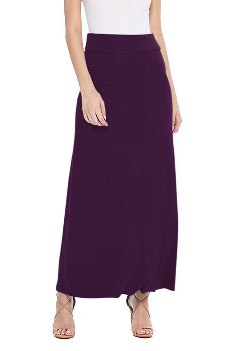 MOA COLLECTION - Solid Color Basic Casual Knit Long Maxi Skirt: Burgundy / S