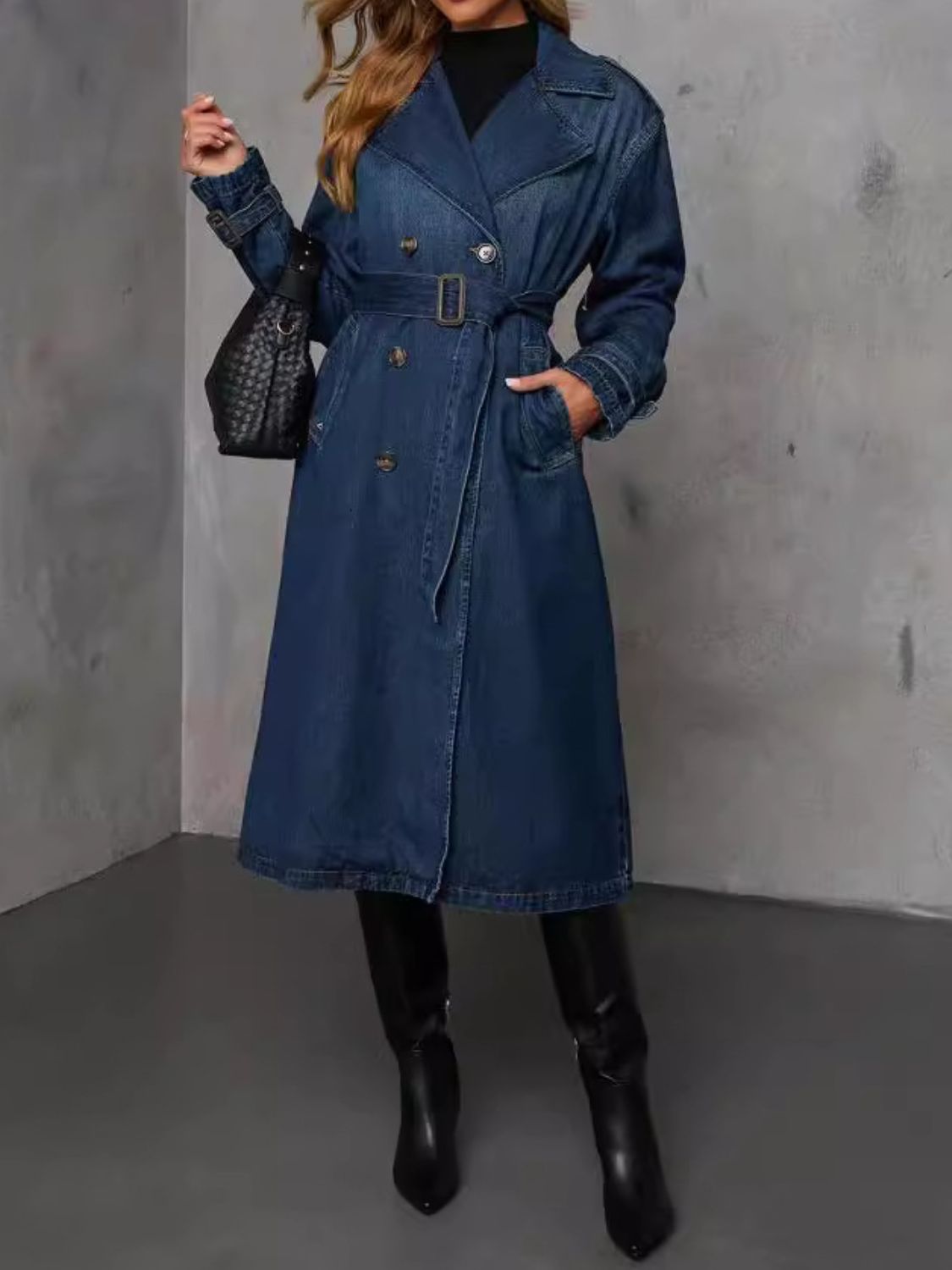 Button Up Long Sleeve Longline Denim Trench Coat