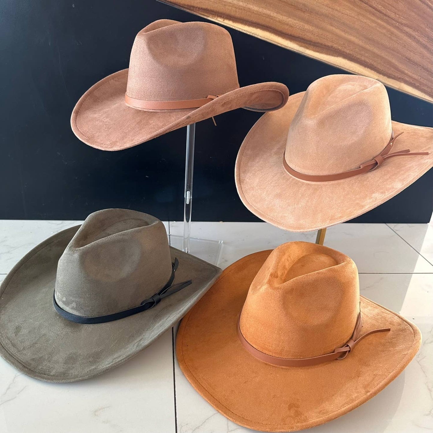 Queens INC - Fashion Vegan suede Cowboy hat  W/ Leather Belt: CAMEL / ONE SIZE