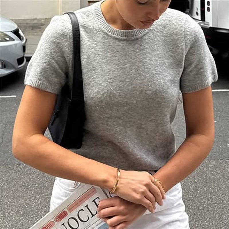 UZ Wholesale Store - Solid Color Slim Fit Short Sleeve Sweater: COFFEE / M