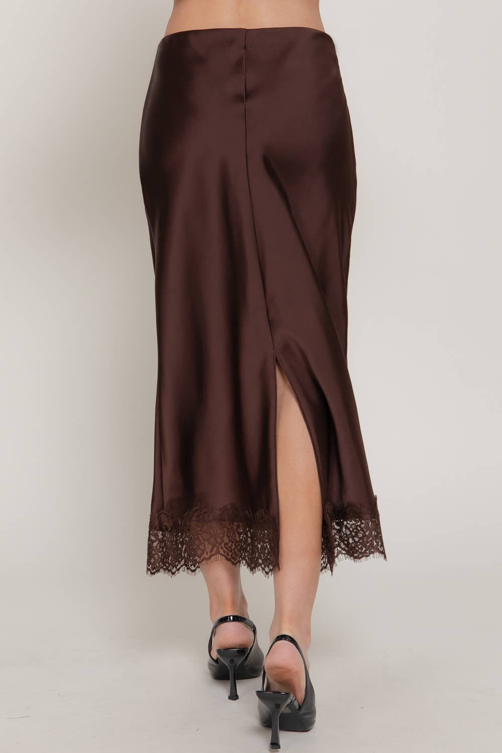 42POPS -  Mid-rise Lace Trim Satin Midi Skirt: RED-RED