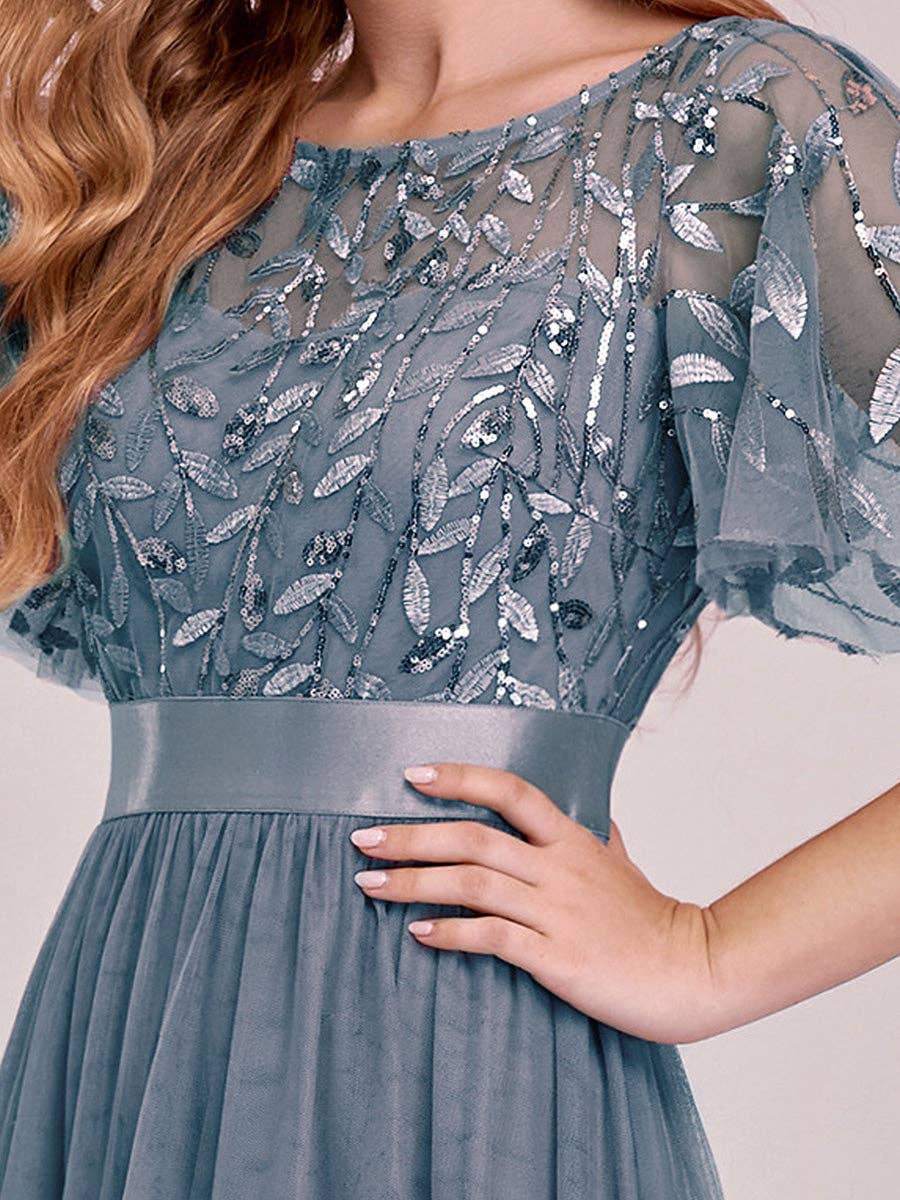 Ever-Pretty - Sequin Print Maxi Long Evening Dresses with Cap Sleeve: Dusty Navy / 14