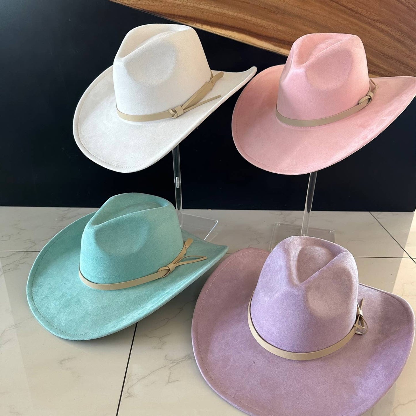 Queens INC - Fashion Vegan suede Cowboy hat  W/ Leather Belt: CAMEL / ONE SIZE