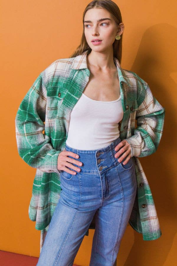 FLYING TOMATO - A plaid midi jacket-IJ10158: GREEN / LARGE