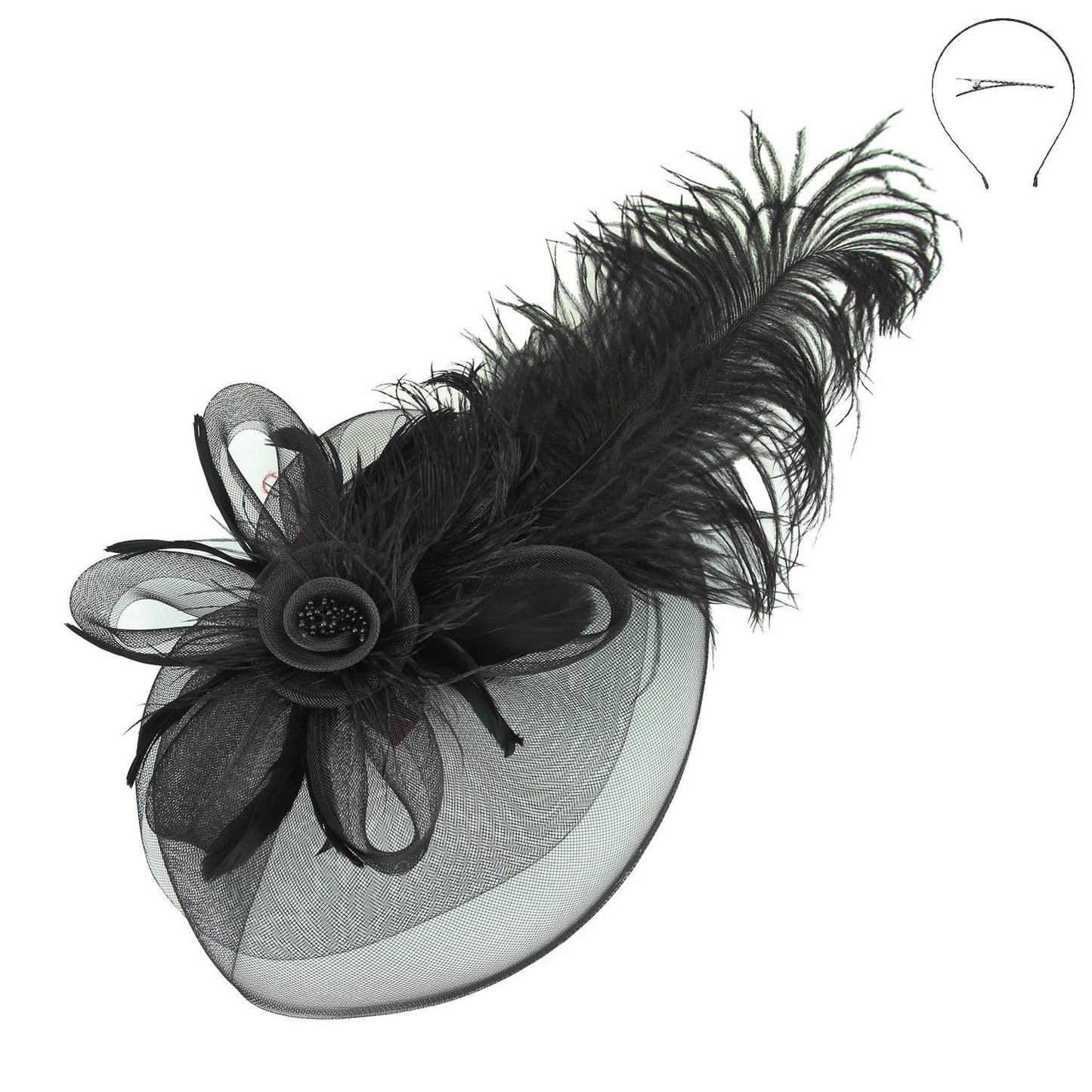 SP Sophia Collection - Flower Center with Veil Feather Fascinator : Royal Blue