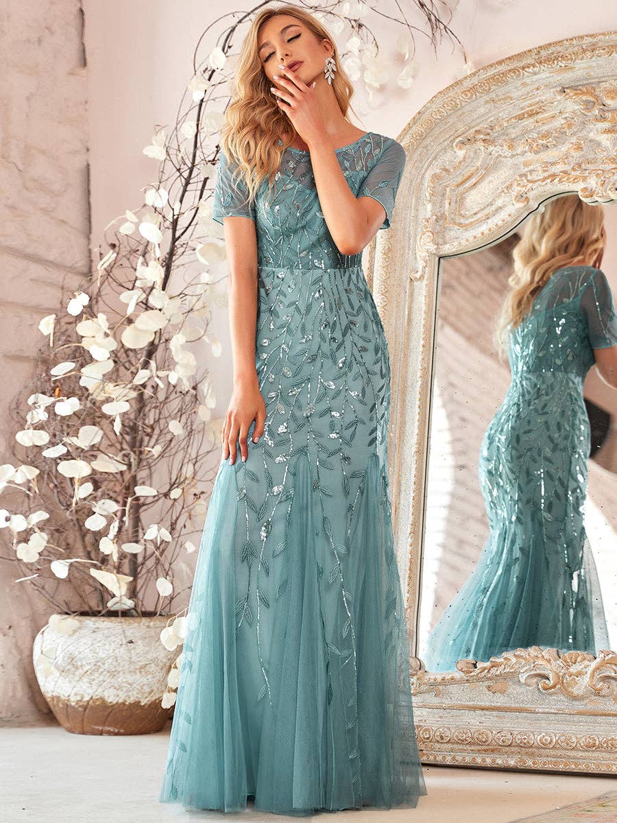 Ever-Pretty - Sequin Shiny Fishtail Tulle Dresses for Party: Dusty Navy / 14