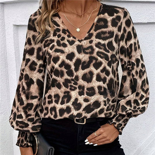 UZ Store Leopard V Neck Lantern Sleeve Shirt: COFFEE