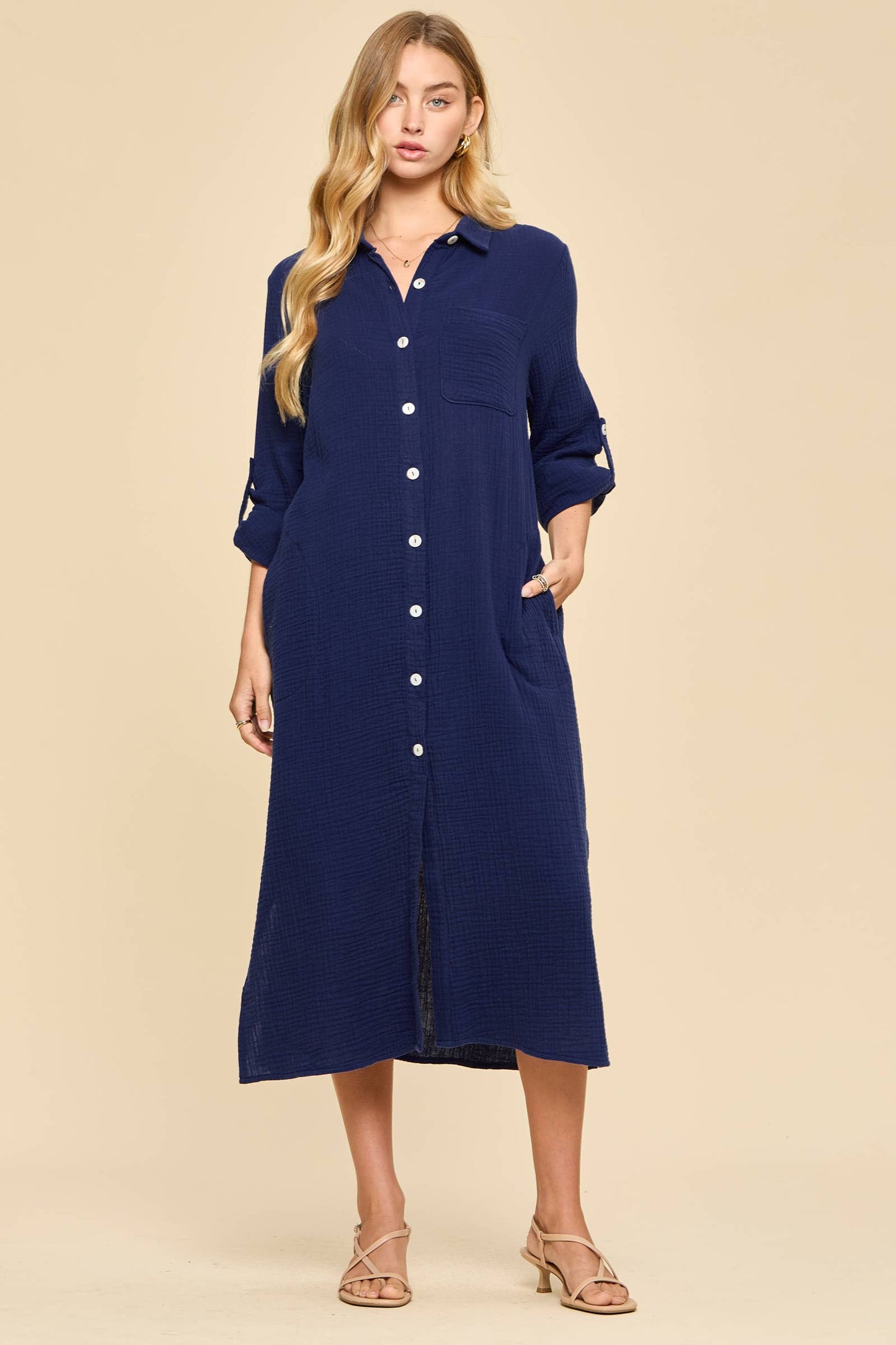 Dear Scarlett - Breathable Cotton Button-Down Duster: COASTAL NAVY