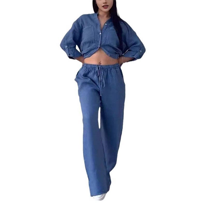 UZ Wholesale Store - Casual Solid Shirt Drawstring Wideleg Pants Set: BLACK / M