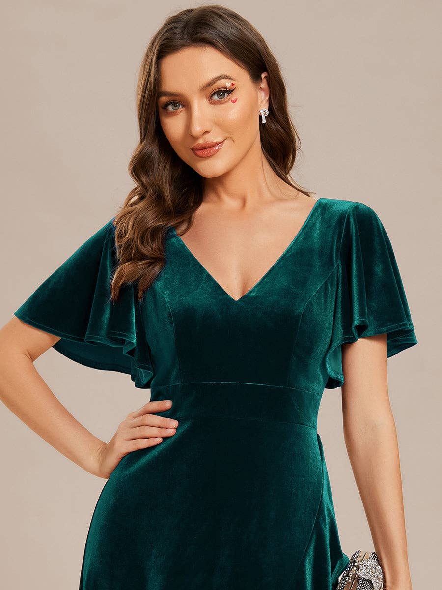 Ever-Pretty - High-low V Neck Evening Dress with Short Sleeves: Dark Purple