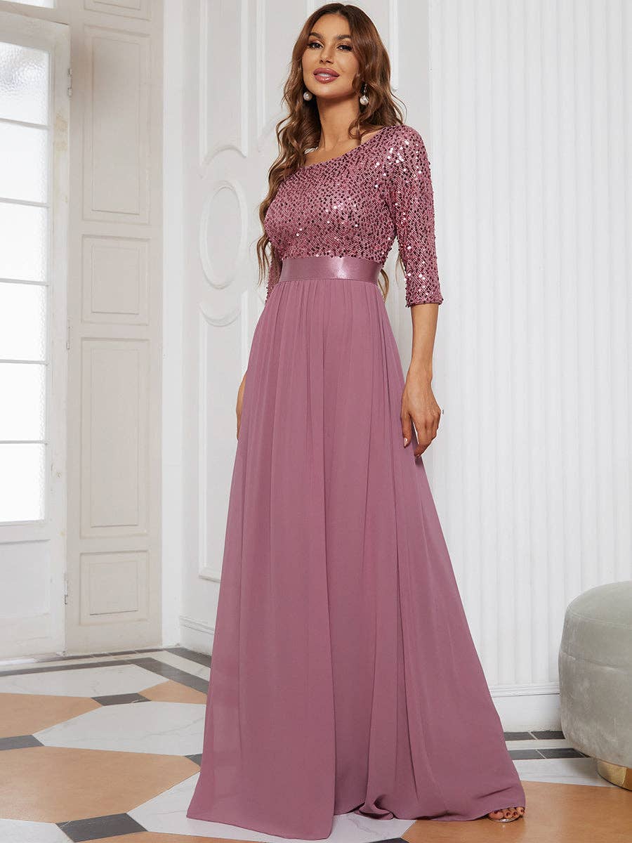 Ever-Pretty - Elegant Round Neckline Sequins Patchwork Dress: Navy Blue / 16