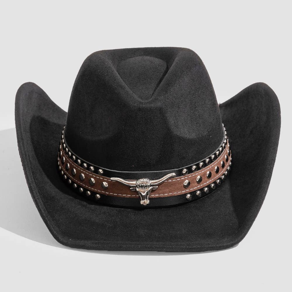Collections by Fame Accessories - Layered Western Bull Head Strap Cowboy Hat: BK