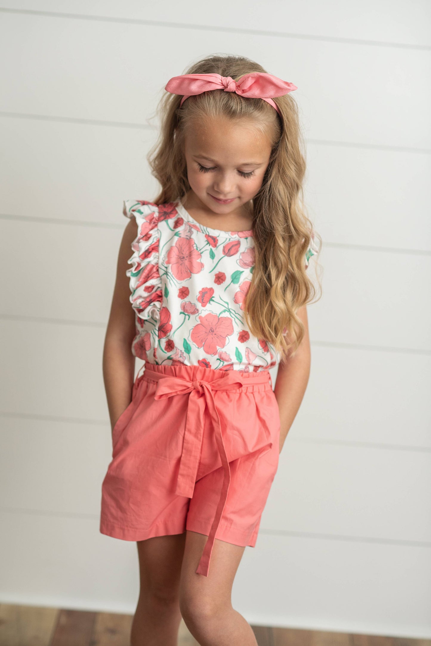 Oopsie Daisy - Kids Coral Pink Floral Ruffle Spring Summer Pocket Short Set: 5/6