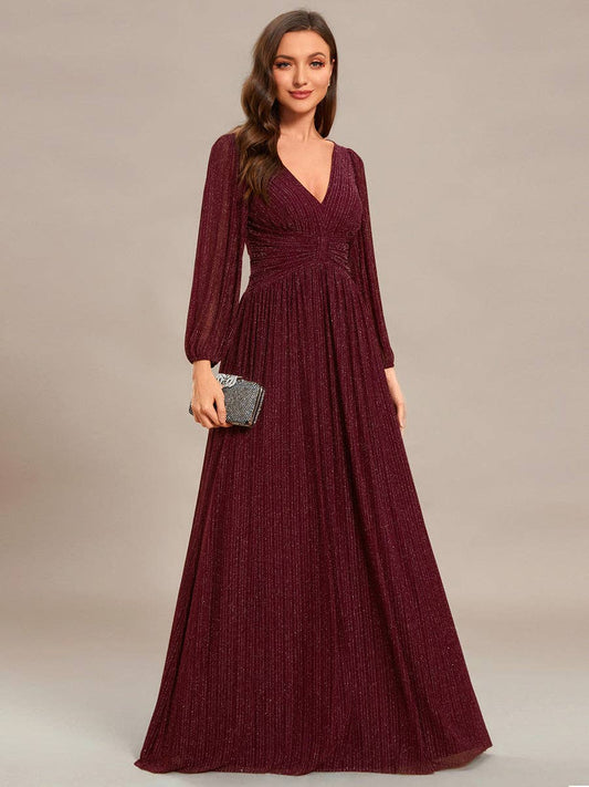 Ever-Pretty - Maxi Long Chiffon Waist V Neck Long Sleeves Evening Dress: Burgundy / 14