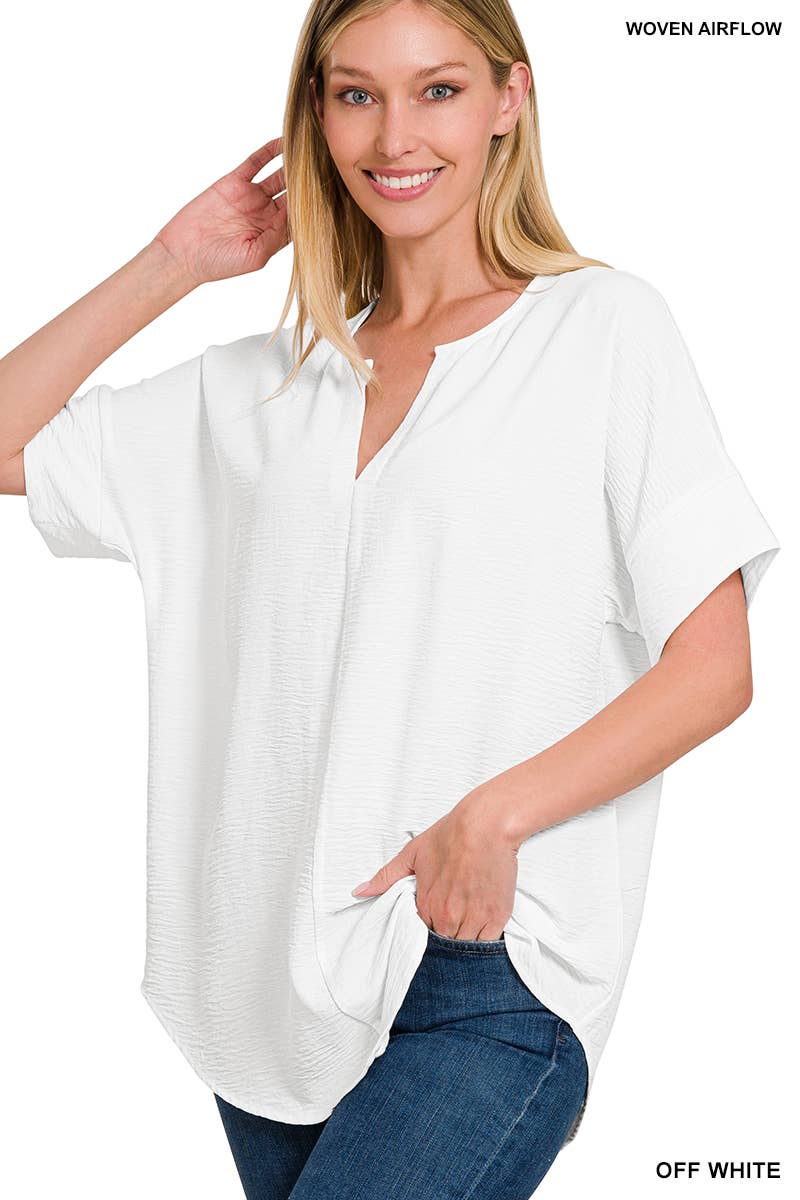42POPS-Woven Airflow Split Neck Short Sleeve Top Coral