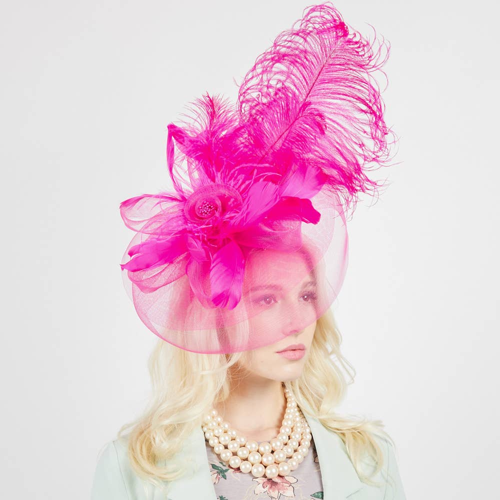 SP Sophia Collection - Flower Center with Veil Feather Fascinator : Royal Blue