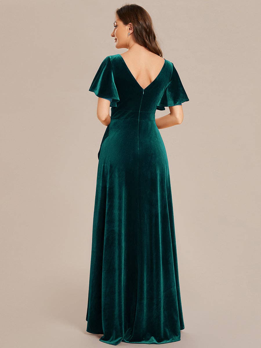 Ever-Pretty - High-low V Neck Evening Dress with Short Sleeves: Dark Purple