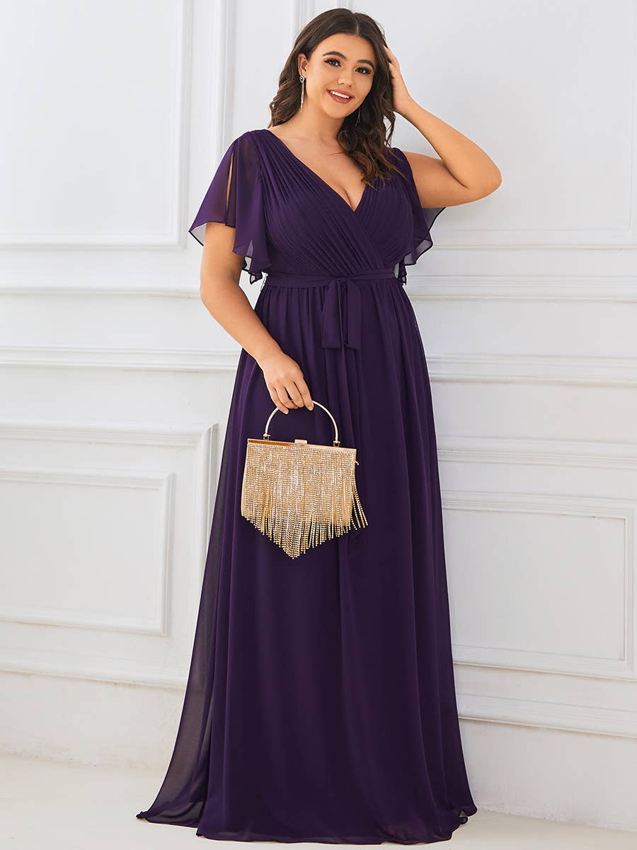 Ever-Pretty - Plus Size Belted Chiffon Bridesmaid Dress: Dark Green / 24