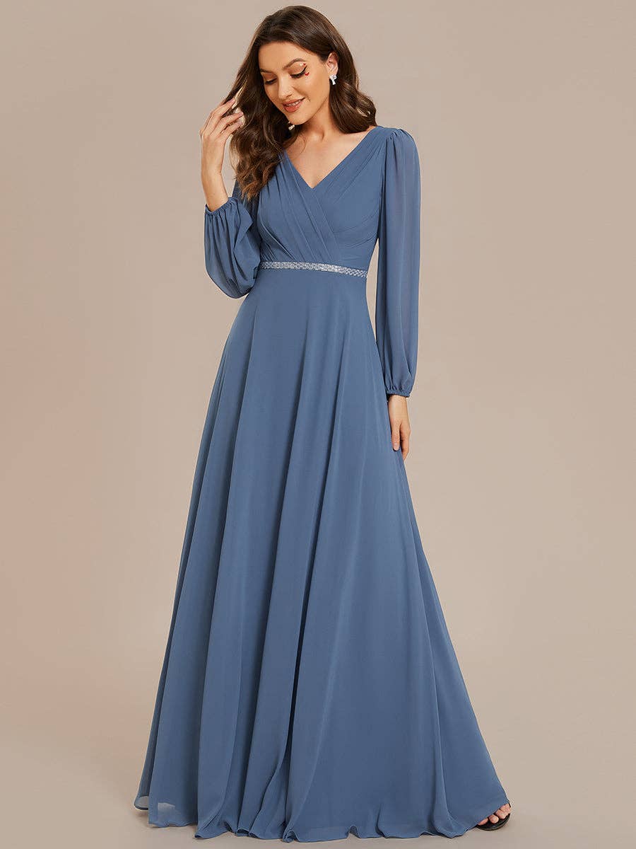 Ever-Pretty - Elegant waisted chiffon V-neck Long Sleeve guest Dress: Burgundy / 12