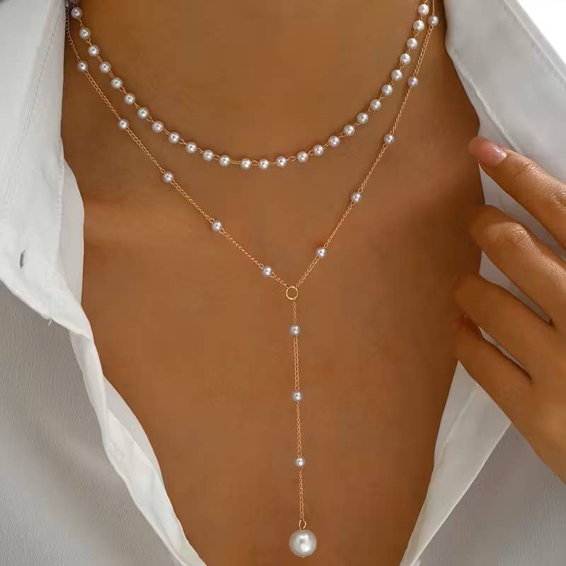 Syrrios Gifts LLC - Layered Pearl Necklace Women Gold Y Lariat Choker Dainty
