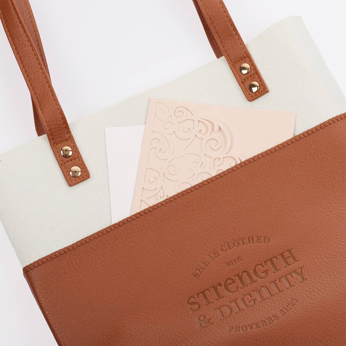 Christian Art Gifts - Bible Tote Cream/Toffee Strength & Dignity Prov. 31:25