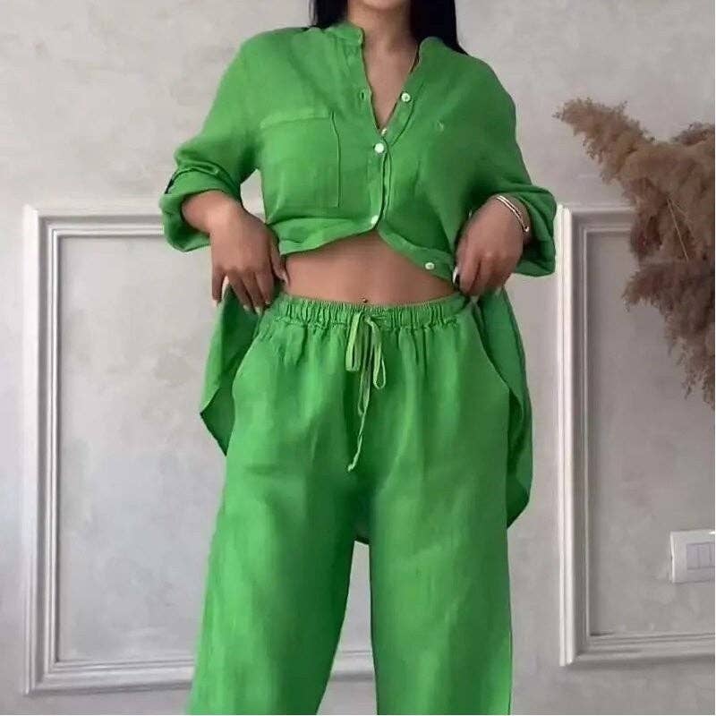UZ Wholesale Store - Casual Solid Shirt Drawstring Wideleg Pants Set: BLACK / M