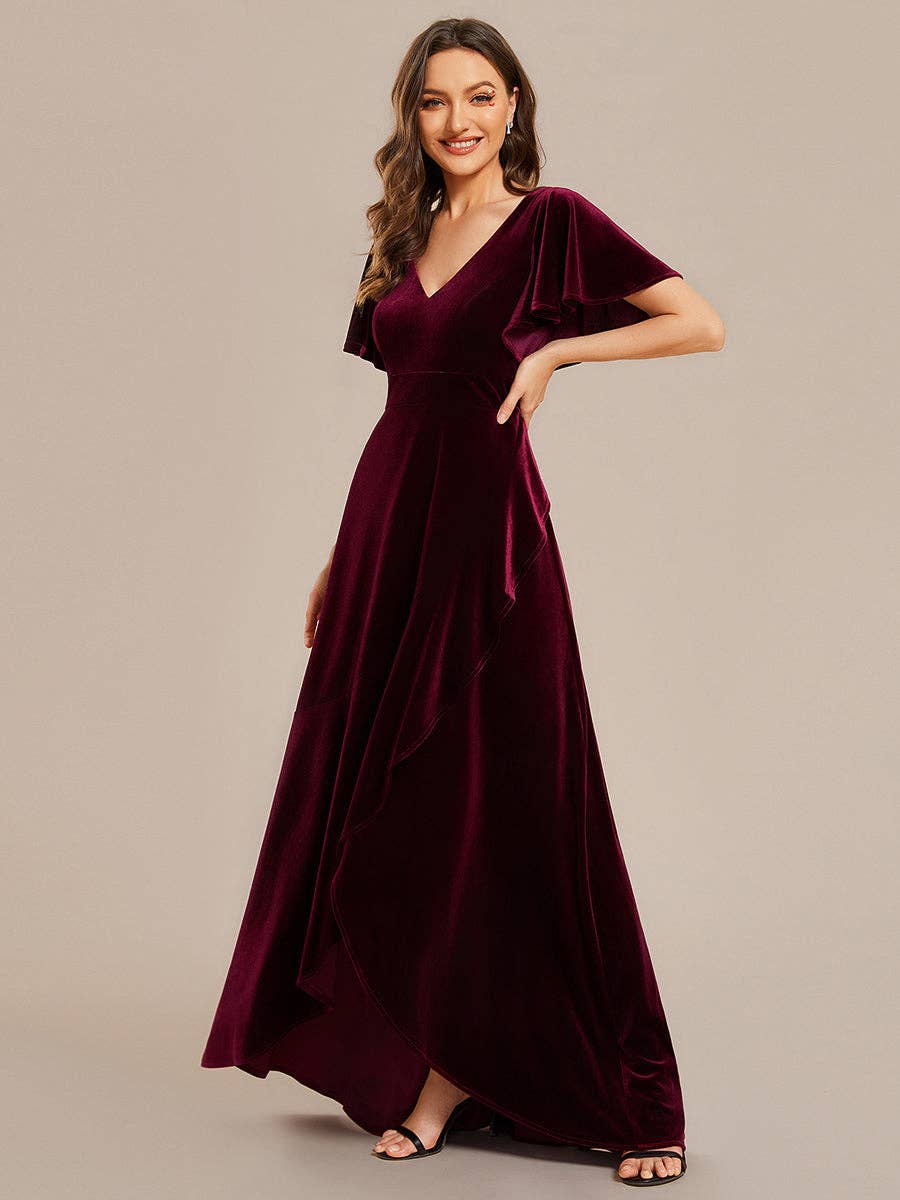 Ever-Pretty - High-low V Neck Evening Dress with Short Sleeves: Dark Purple