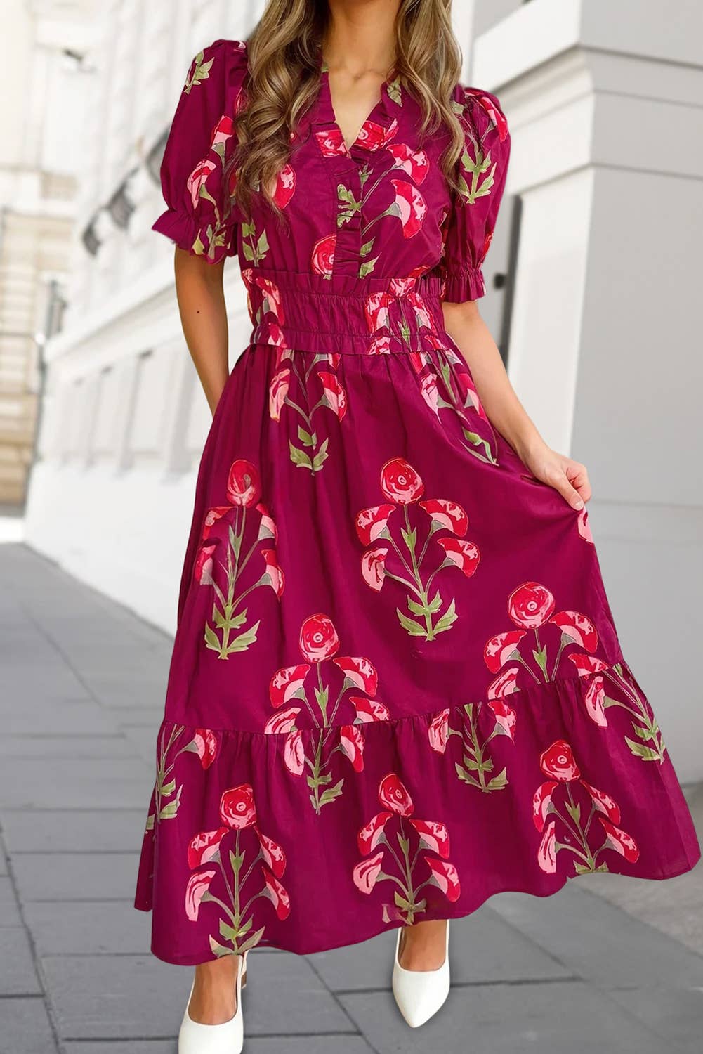 Aapparella - Floral V Neck Short Puff Sleeve Pockets Maxi Dress | S-XL: As shown / L