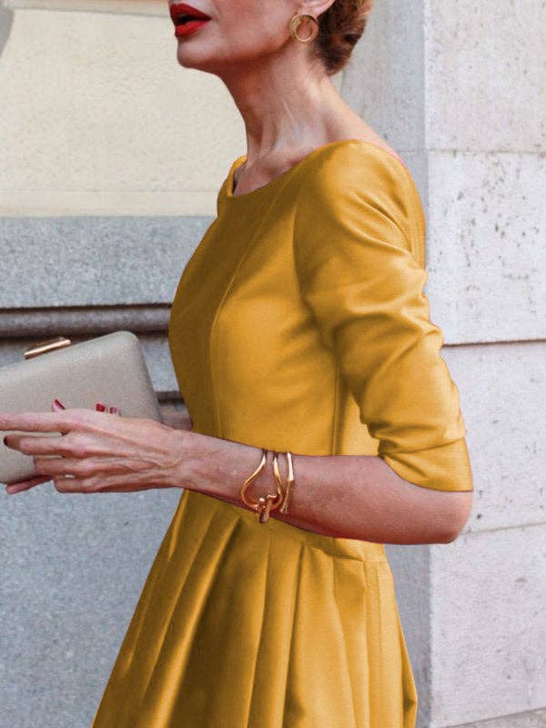 Sheer Trend - A-Line Loose Pleated Pockets Solid Color Split-Joint Round-Neck Midi Dresses: L / GREEN