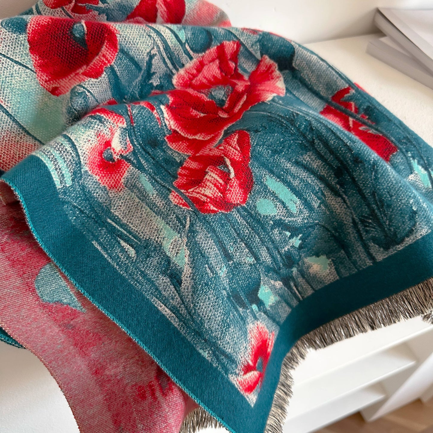 Winding River - Shawl Turq / Red Poppy Field Reversible Wrap – Artisan Shawl