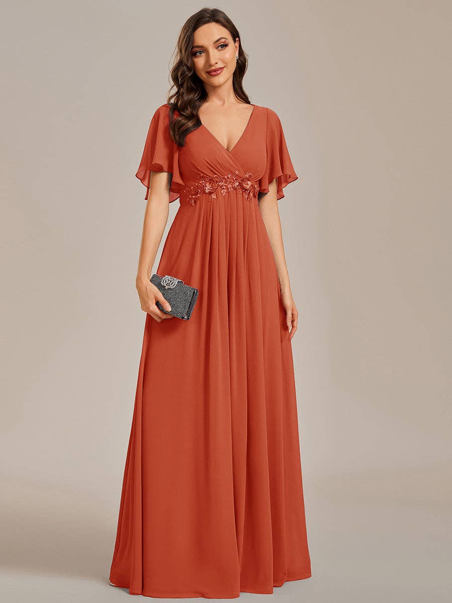 Ever-Pretty - V Neck Appliques Pleated Bridesmaid Dress: Burgundy / 12