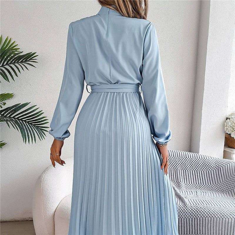 UZ Wholesale Store - Solid Color Stand Collar Long Sleeve Pleated Maxi Dress: BABY BLUE / XL