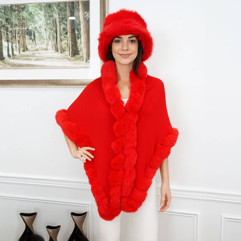 Sensibling Corp. - Elegant Faux Fur Trim Cape Poncho: Gray,Light