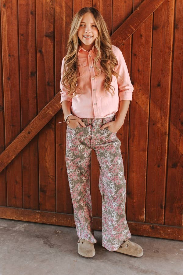 LUCKY & BLESSED -  Girls Camo Cattle Brand Printed High Rise Wide Leg Jeans:Sizes 5-14