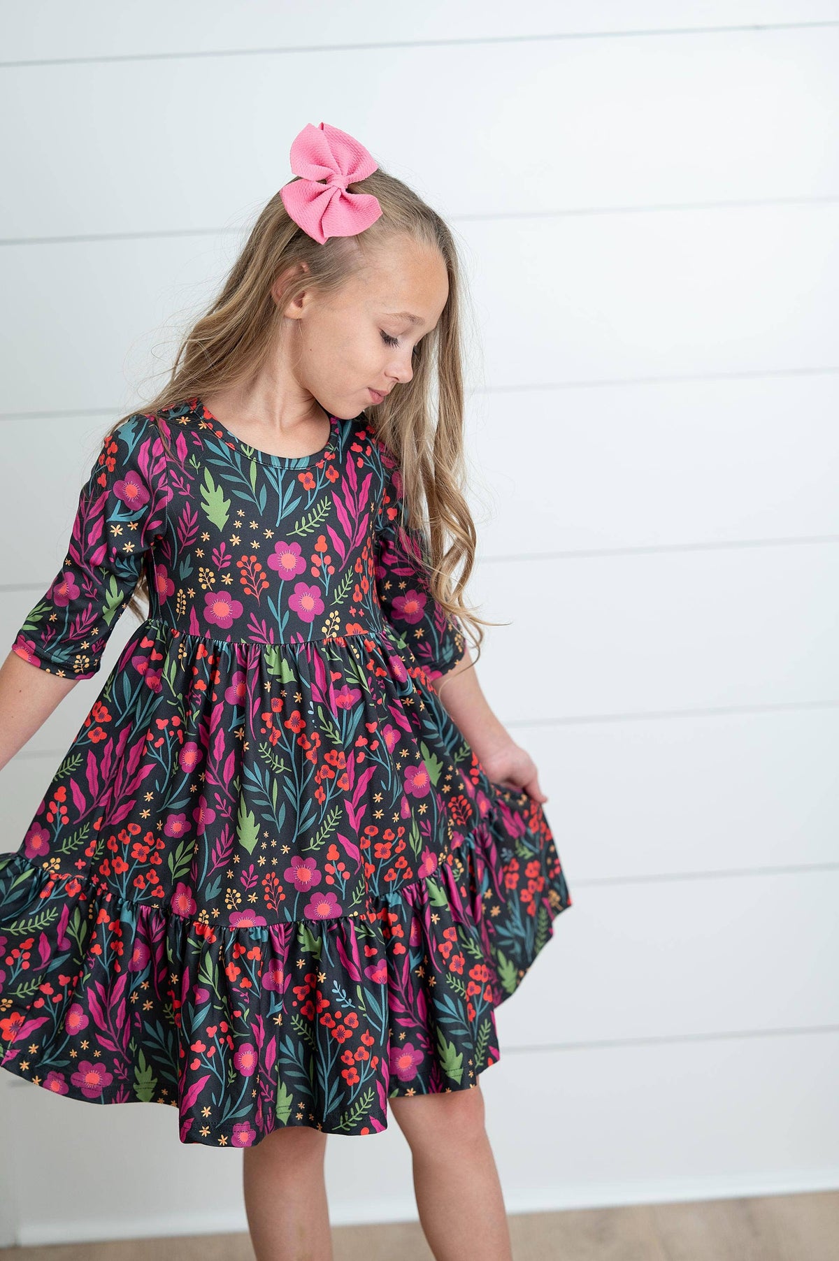 Oopsie Daisy - Girls Emma Dark Magenta Fall Floral Tiered Twirl Dress: 10/12