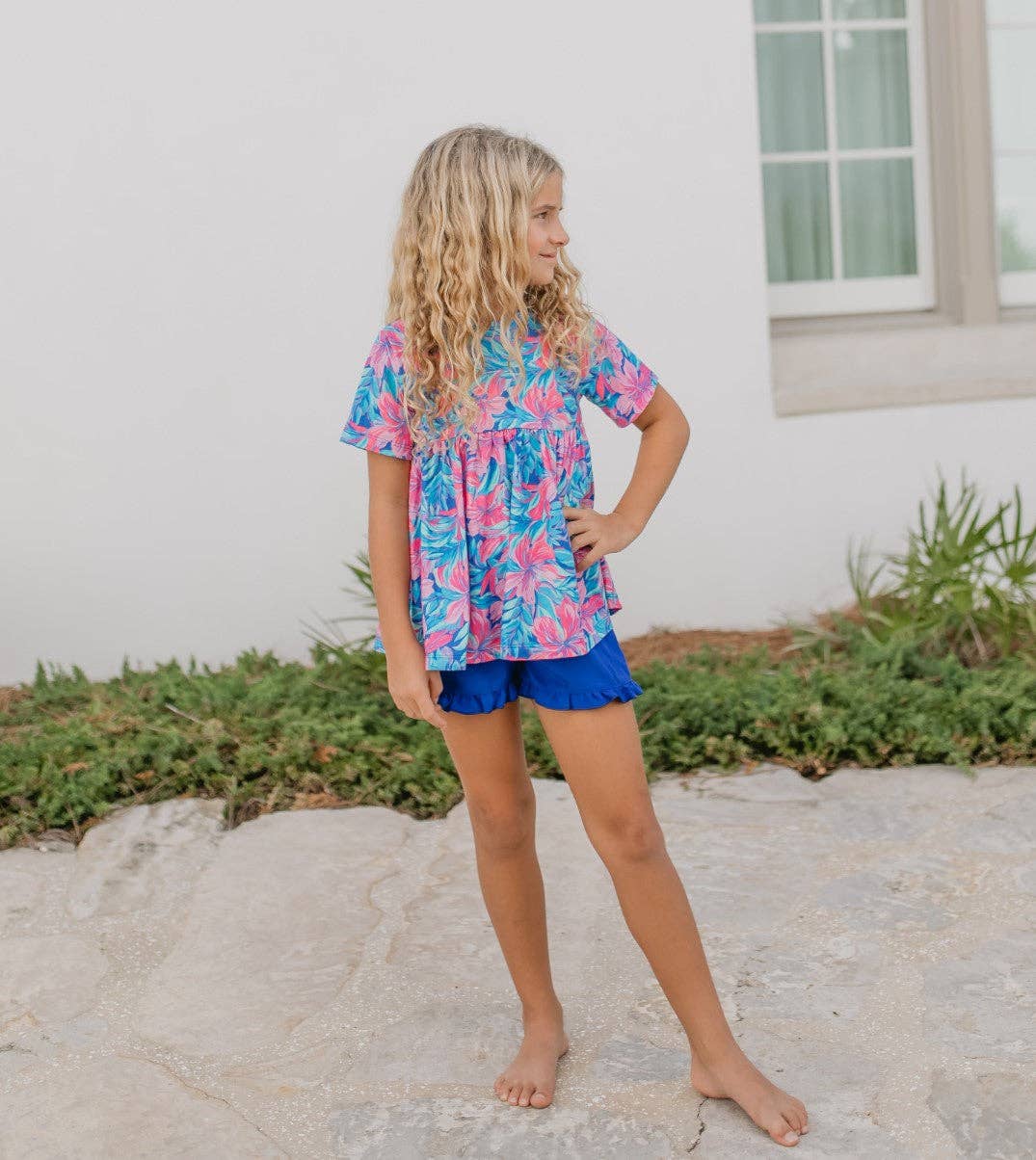Oopsie Daisy - Kids Tropical Floral Pocket Ruffle Spring Summer Short Set: 10/12
