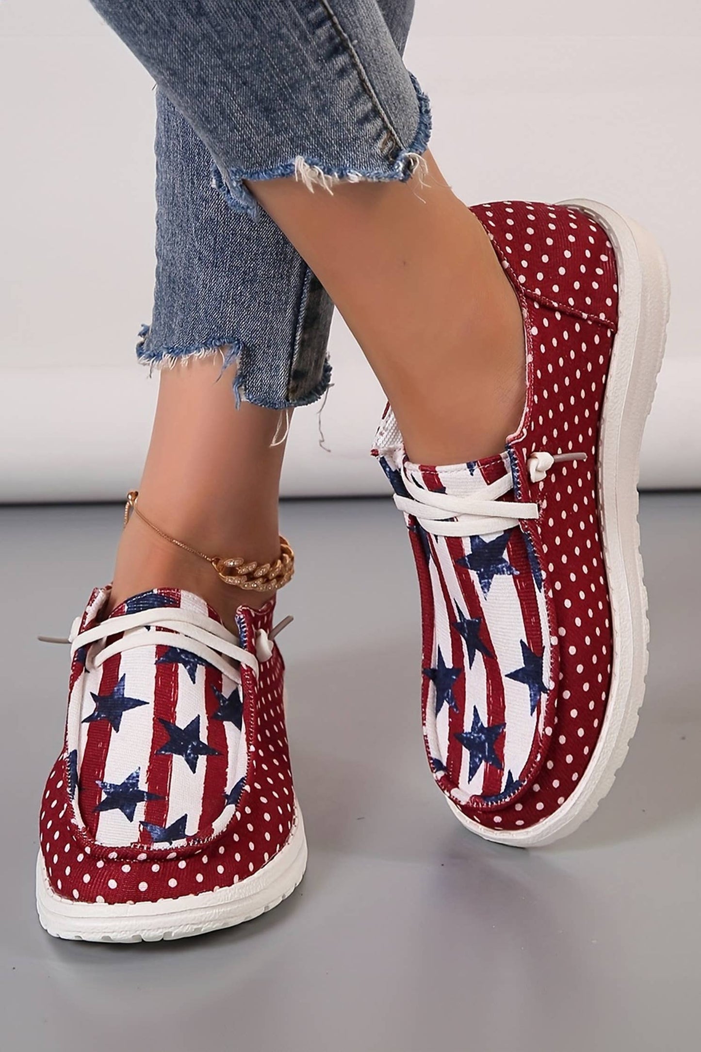 66DISCO - Polka Dot Stars and Stripes Independent Day Casual Shoes: Red / 9.5(41)