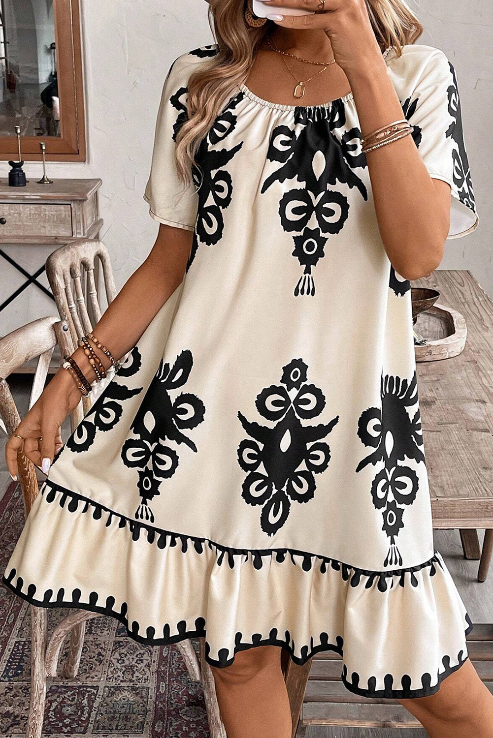chinese dress ladies Bohemian Mini Dress Women Printed Short Sleeve Fragmented Flower Dress V  Neck Loose Sexy Vestidos at Amazon Women's Clothing store main image 1