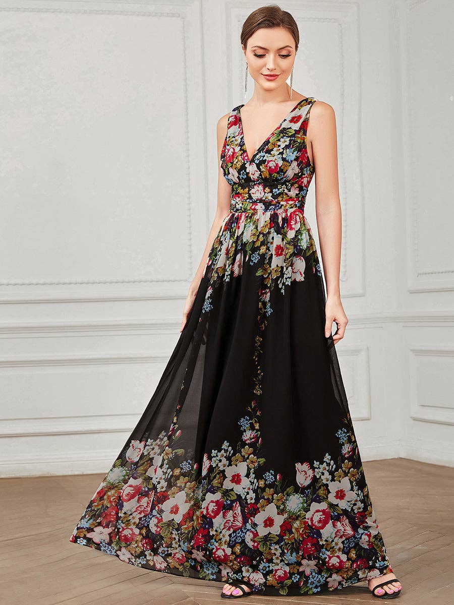 Ever-Pretty - Elegant Maxi Long Evening Dress With Double V-Neck: Black & Printed / 6