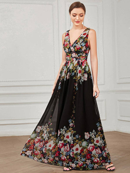 Ever-Pretty - Elegant Maxi Long Evening Dress With Double V-Neck: Black & Printed / 10