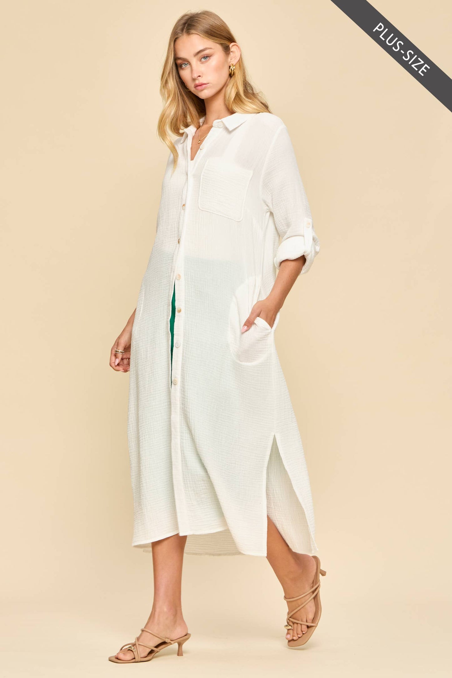 Dear Scarlett  Breathable Cotton Button-Down Duster: PEACH SORBET