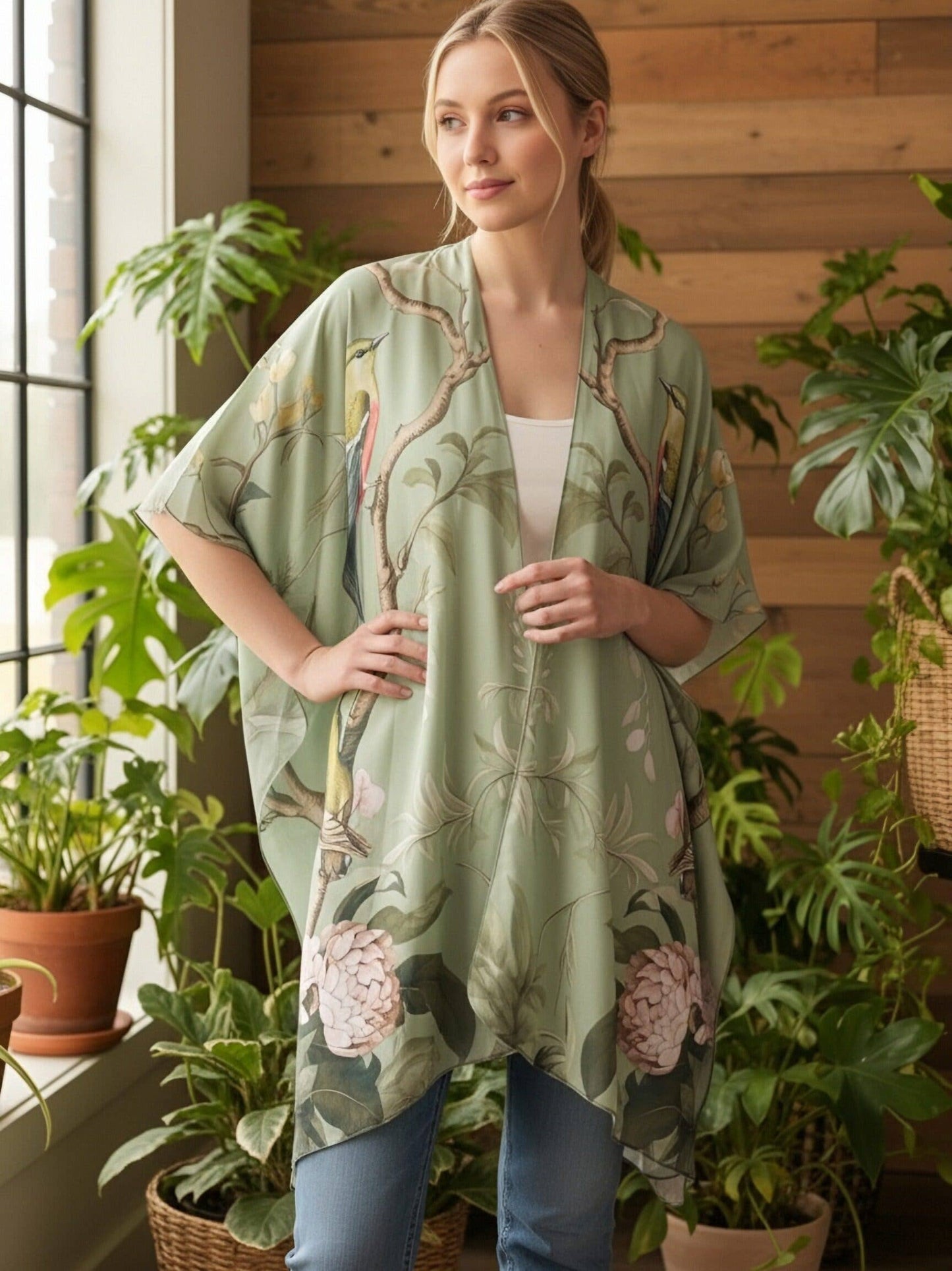 JC Sunny Fashion - JC091729 Green-Multi Spring Garden Blooms & Birds Kimono/Cover-Up