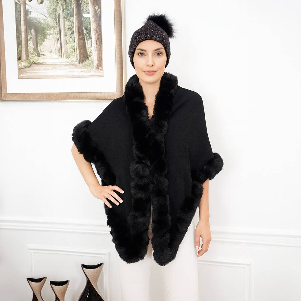 Sensibling Corp. - Elegant Faux Fur Trim Cape Poncho: Gray,Light