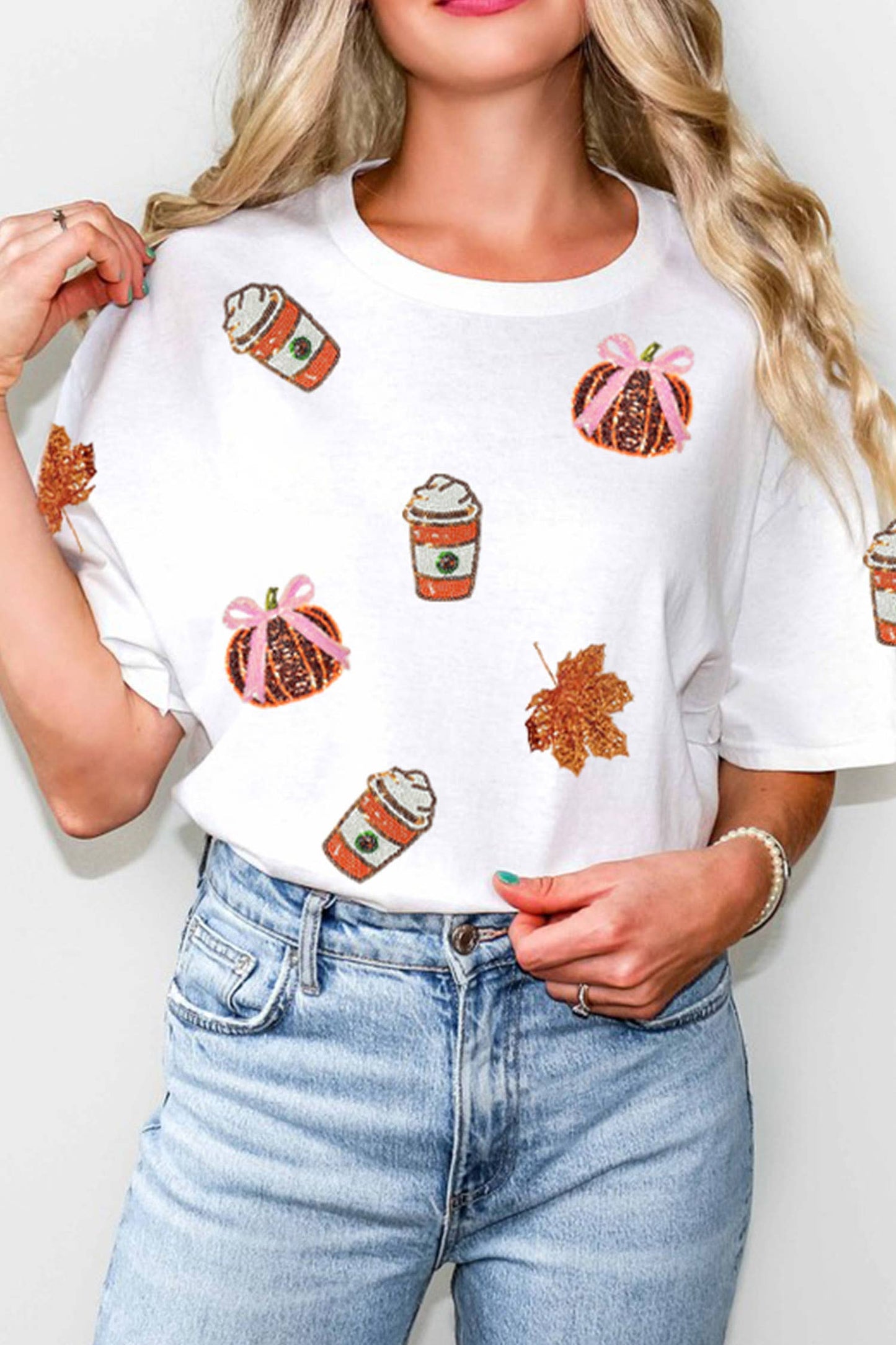 66DISCO - 66Sequined Pumpkin Fall Graphic Casual Shift T Shirt (S-3XL): White / XL