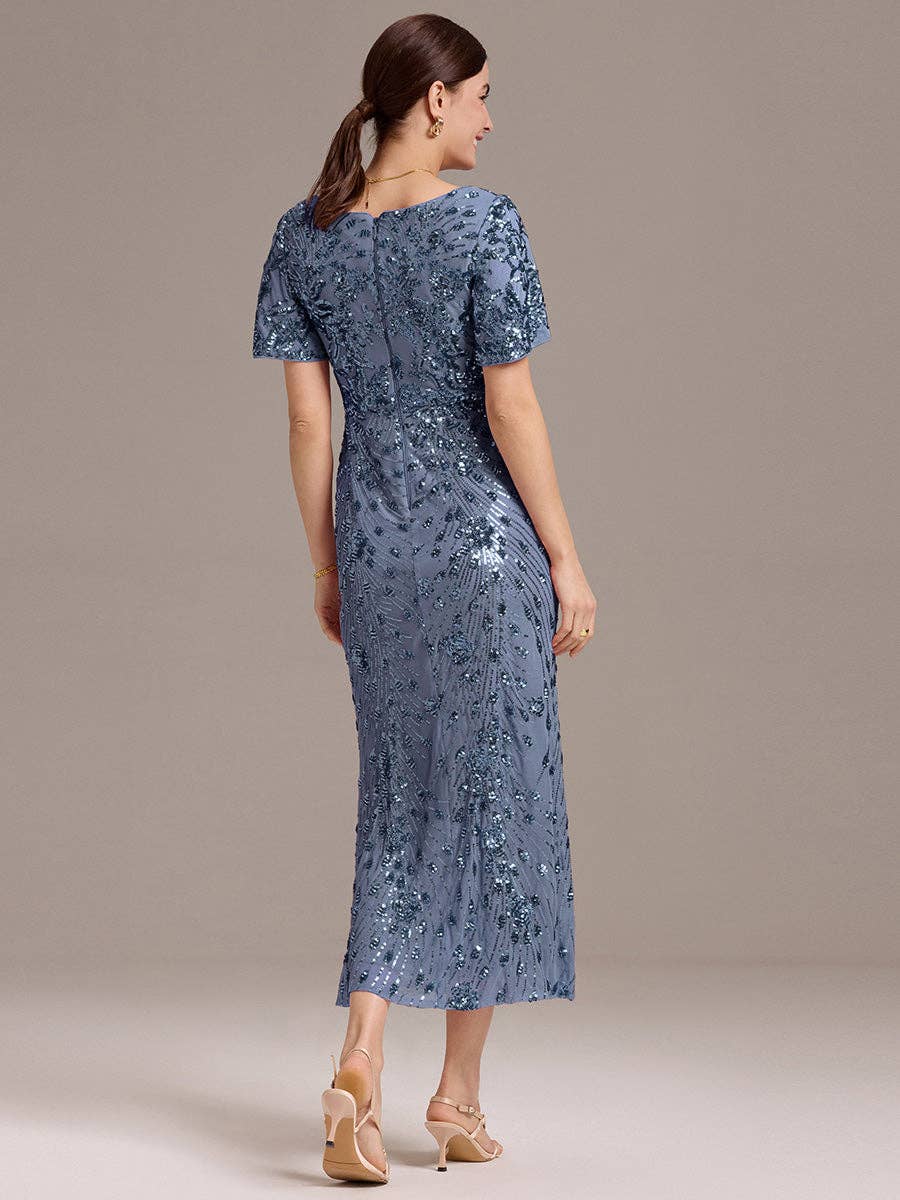 Ever-Pretty - Strapless Deep Fishtail Paillette Midi Evening Dresses: Sapphire Blue / 22